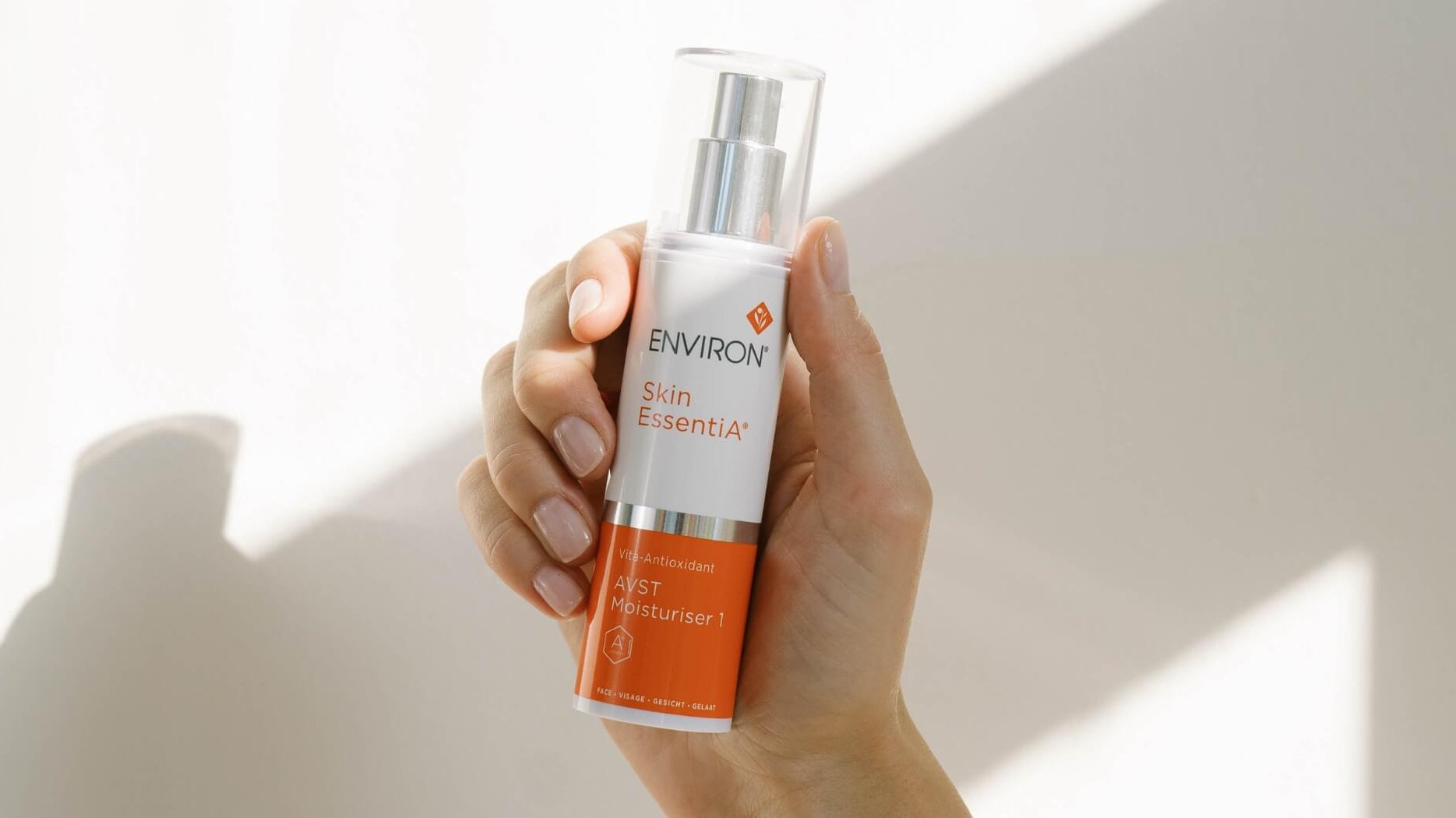 Minimalist skincare routine essentials including Environ cleanser, AVST Moisturiser 1, Dermaviduals DMS Base Cream, and daily SPF for healthy, balanced skin.