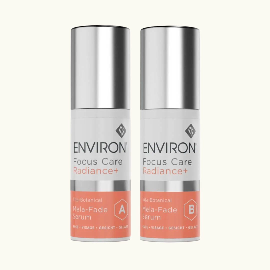Mela-Fade Serum System: Targets discoloration, brightens skin with vitamins, botanicals.