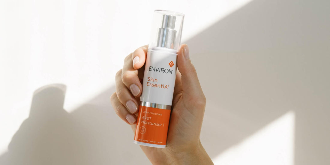 Minimalist skincare routine essentials including Environ cleanser, AVST Moisturiser 1, Dermaviduals DMS Base Cream, and daily SPF for healthy, balanced skin.