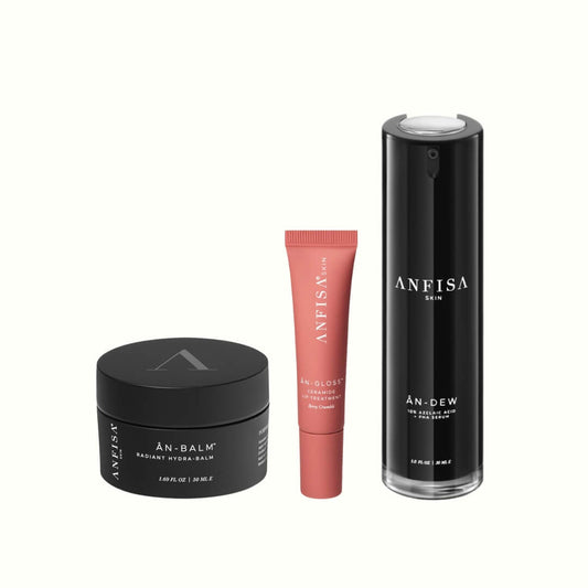 Anfisa skincare trio featuring An-Dew Serum, An-Balm Hydra Balm, and Berry Crumble An-Gloss Lip Tint – a complete nourishing routine for glowing skin and hydrated lips