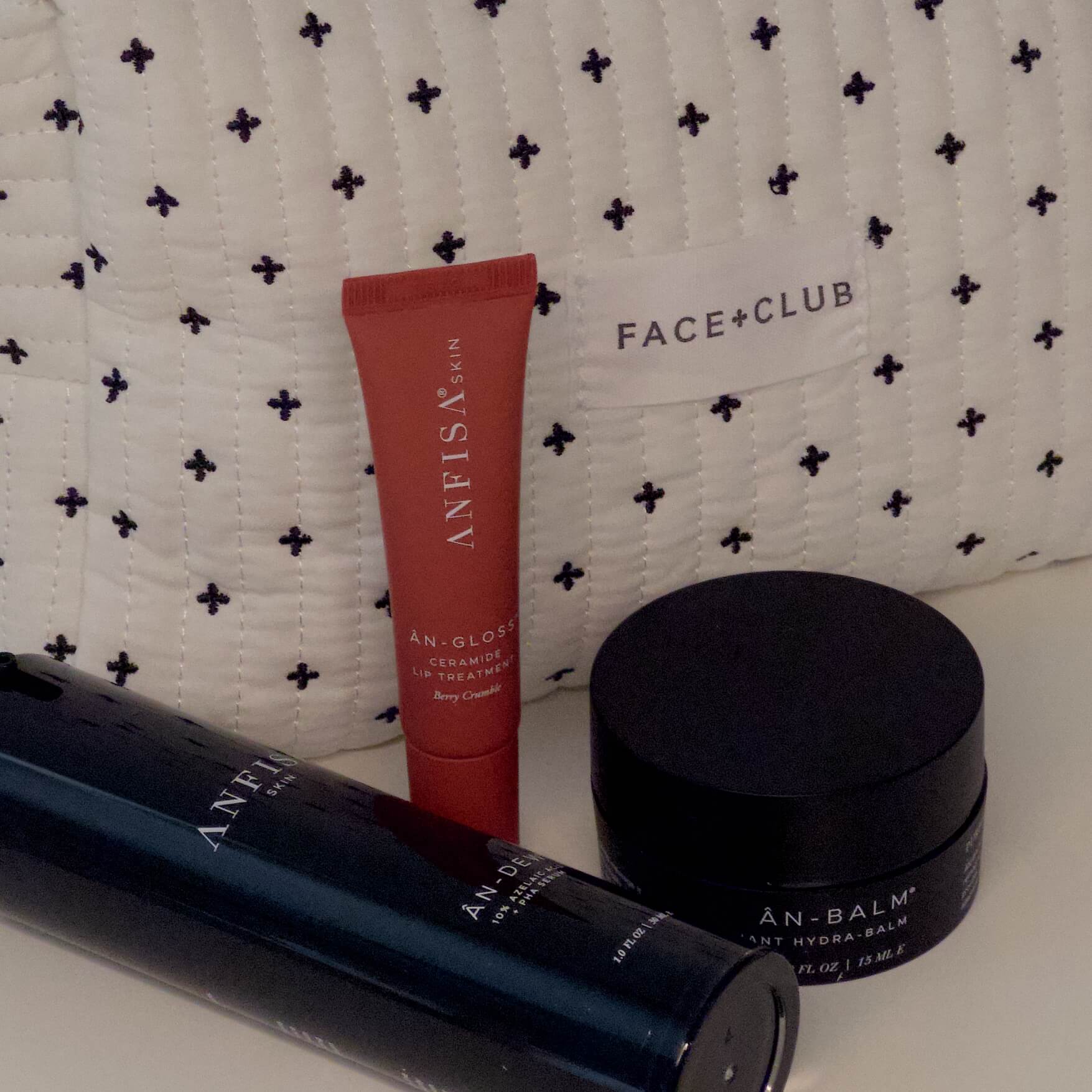 Anfisa Trio skincare set featuring An-Dew serum, An-Balm hydra balm, and Berry Crumble lip tint for barrier repair, glow, and nourishment.