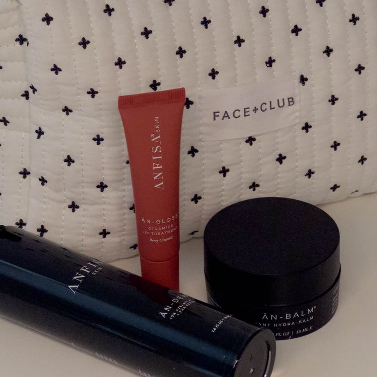 Anfisa Trio skincare set featuring An-Dew serum, An-Balm hydra balm, and Berry Crumble lip tint for barrier repair, glow, and nourishment.