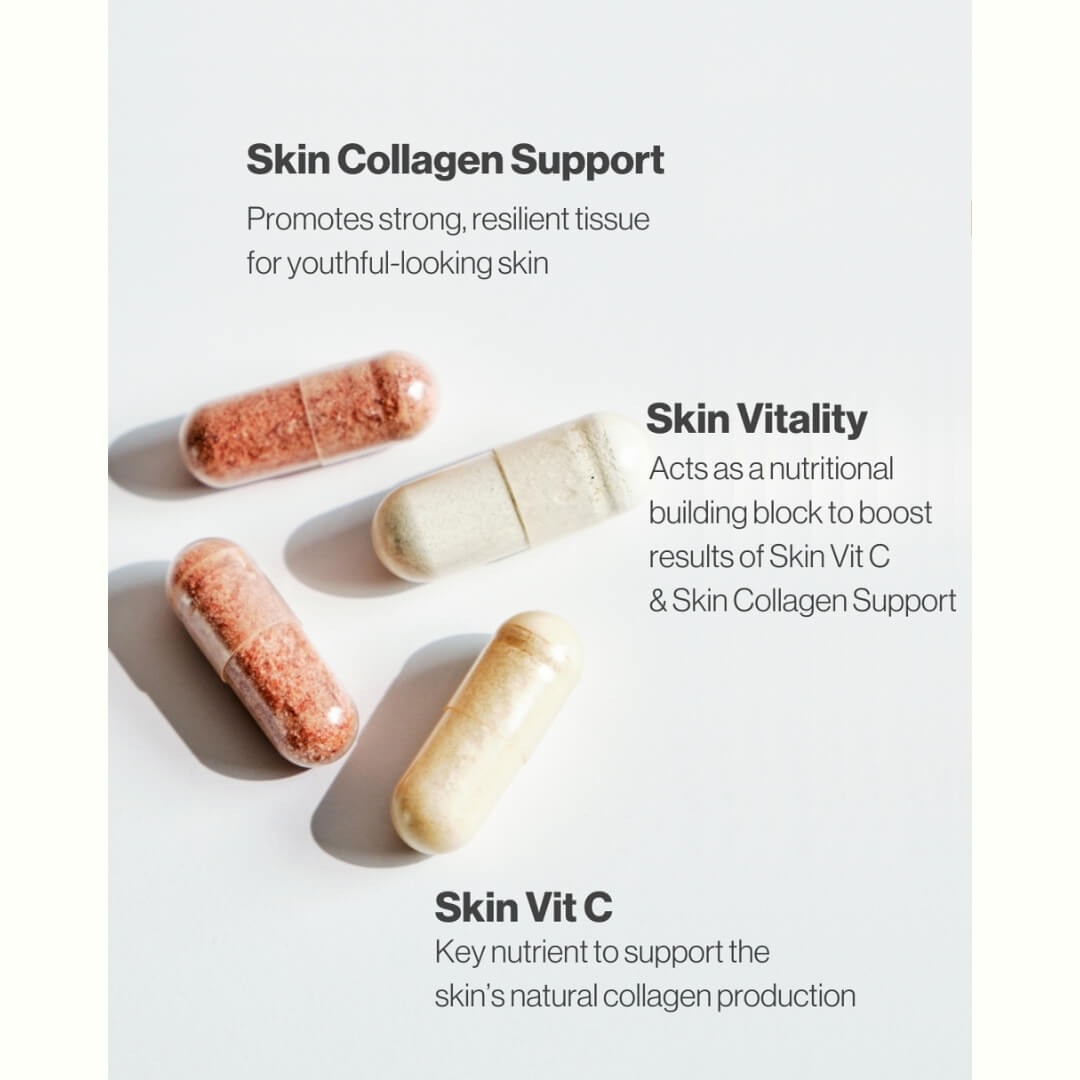 Vegan collagen booster: Vitamin C, zinc, grapeseed extract for radiant skin.