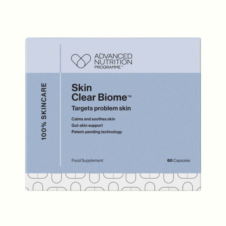 Probiotic supplement for clear skin: Skin microbiome technology with four beneficial strains.